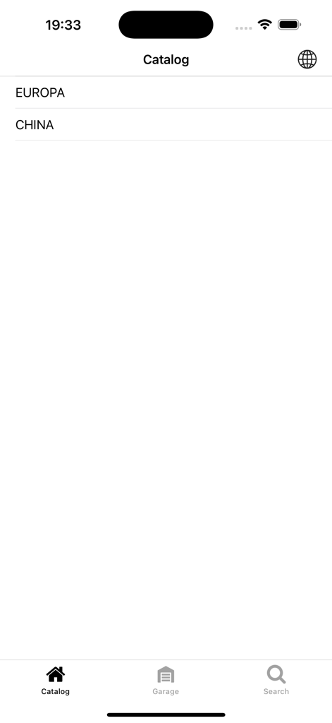 Skoda car parts catalog screen showing region selection for Europe and China