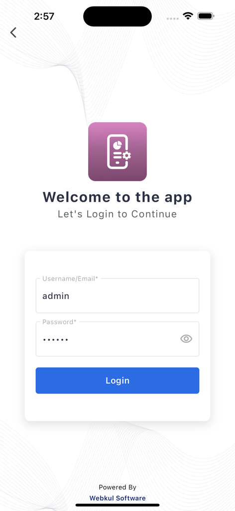 Odoo Mobile App Wrapper - Schermata di login per Odoo Mobile App Wrapper che mostra i campi nome utente e password