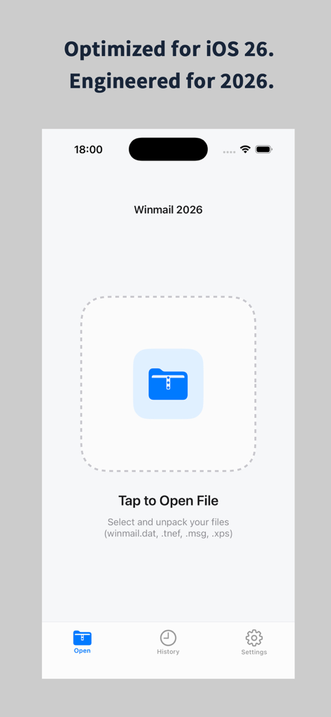 Winmail.dat Opener: Pro Reader - The main interface of the Winmail.dat Opener app showing the file upload area and supported formats like TNEF and XPS.