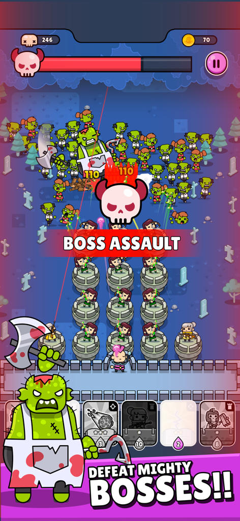 Punko.io: Tower Defense TD - Jogabilidade de Punko.io mostrando um ataque de chefe contra um chefe zumbi gigante e sua horda.