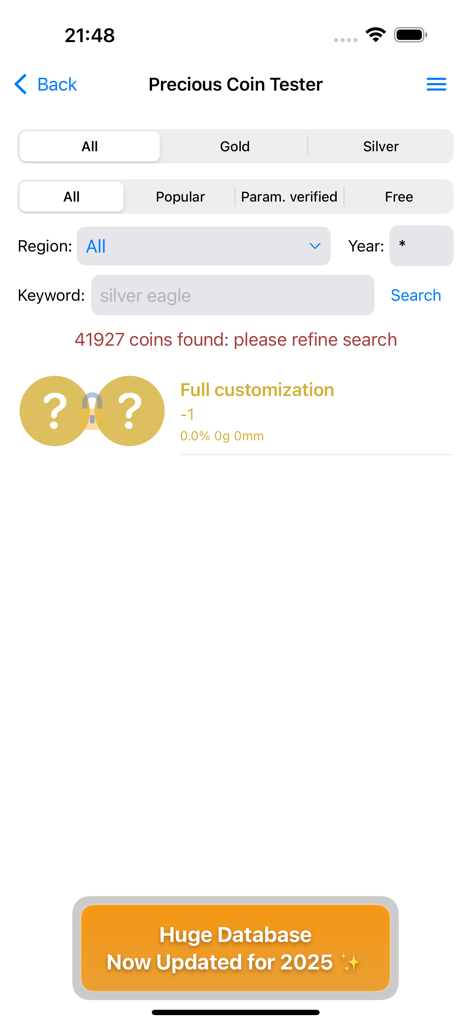 Precious Coin Tester - Search interface of the Precious Coin Tester app showing filters for gold and silver coins and a large database search feature