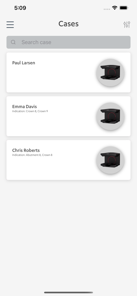Mobile app interface showing a list of dental patient cases and treatment indications