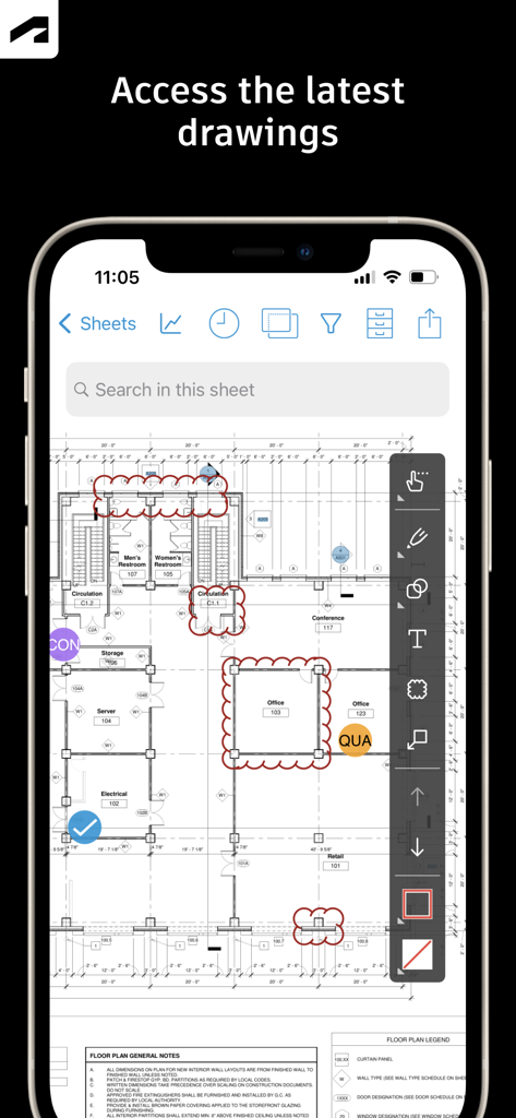 Autodesk Construction Cloud - Autodesk Construction Cloud app showing construction drawings and markup tools on a smartphone