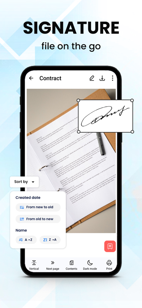Scanner App: Scan All Document - Tela de smartphone mostrando o recurso de assinatura do aplicativo SnapScan sendo usado em um contrato de documento