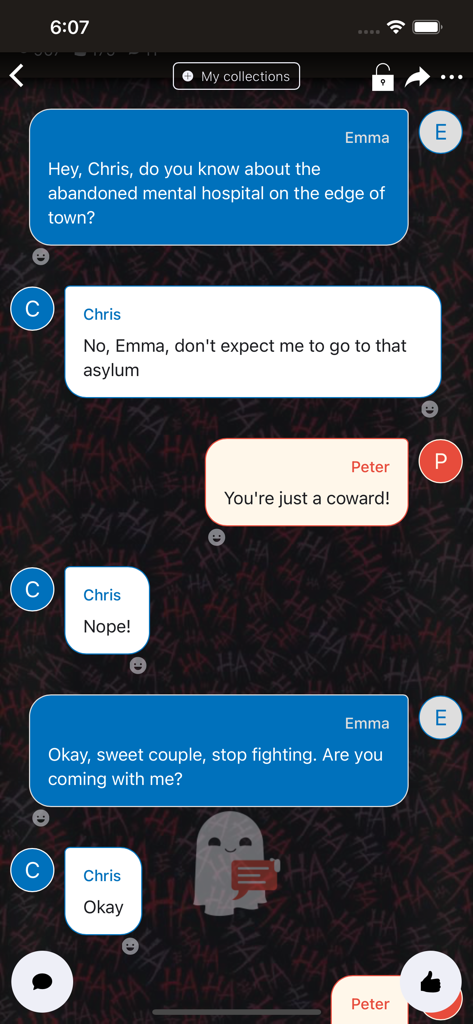 A screenshot of the Scary Chat Stories MistoryLite app showing an interactive horror chat between characters.