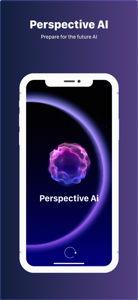 Perspective AI: Your Assistant - Un smartphone affichant l'écran d'accueil de l'application Perspective AI assistant avec une sphère d'énergie violette brillante et une interface futuriste