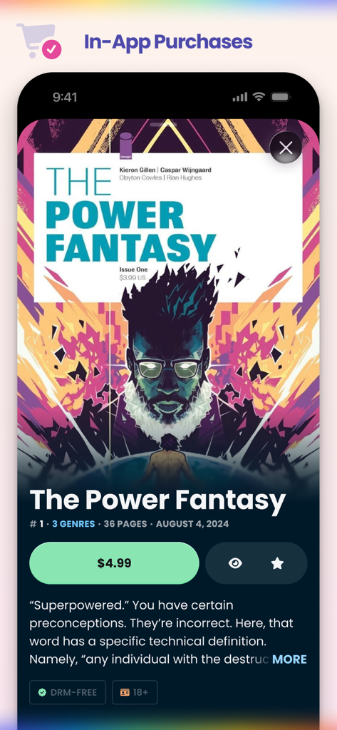 Sweet Shop — Find Your Comic - A mobile interface for the Sweet Shop app showing the purchase screen for the comic book The Power Fantasy with price and DRM free tag