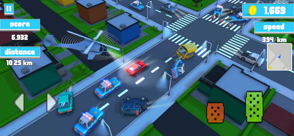 High-speed police chase gameplay with a red car escaping squad cars and a helicopter in a city