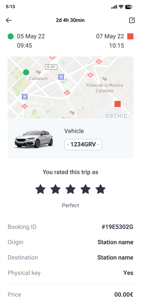 Volkswagen Move - Eine Zusammenfassungsbildschirm in der Volkswagen Move App mit Buchungsdetails und einer Fünf-Sterne-Bewertung für eine Carsharing-Fahrt.