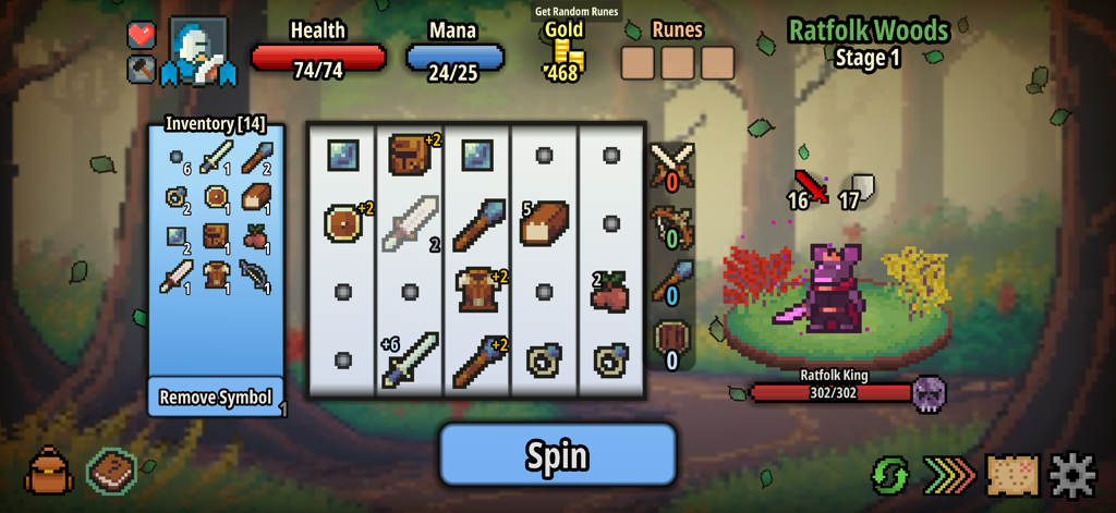 Spin Hero - Una escena de batalla en pixel art en Spin Hero con carretes de máquinas tragamonedas y gestión de inventario