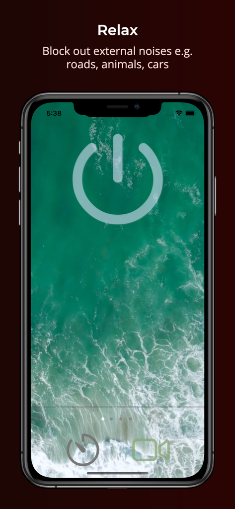 Ambient Noise: for Sleep/Study - Ambient Noise app interface showing a relax screen with ocean waves and noise blocking message