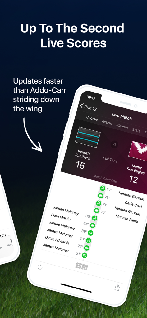 A smartphone screen displaying the Rugby League Live app with real time NRL scores and a detailed match timeline