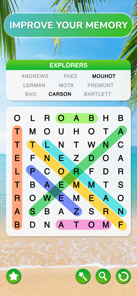 Word Search Journey - Puzzle - Word search puzzle gameplay on a tropical beach background with explorer names highlighted in a grid