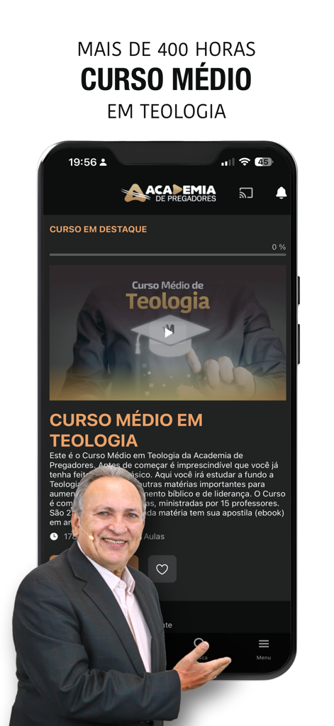 Academia de Pregadores - Interfaz de la aplicación Academia de Pregadores que presenta un curso de teología intermedia.