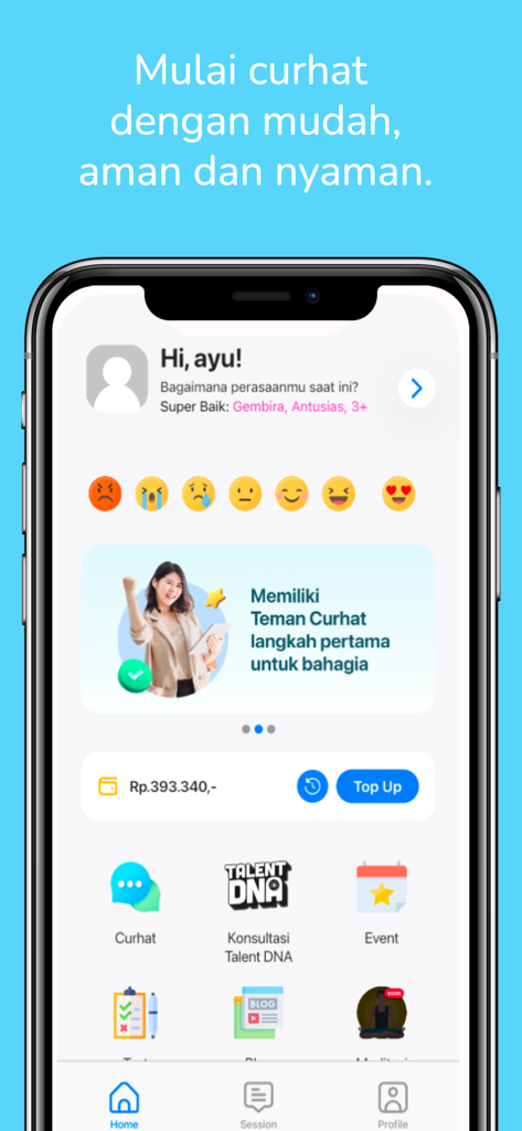 Home screen of Teman Curhat app featuring mood tracker emojis and emotional support service icons