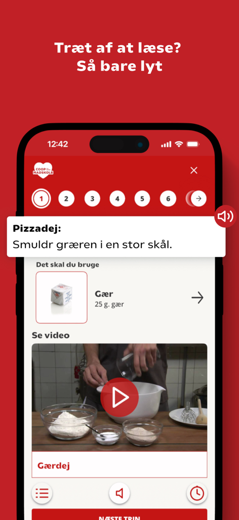 GoCookアプリのインターフェイスには、ステップバイステップのビデオと音声ガイド付きのピザ生地レシピが表示されています