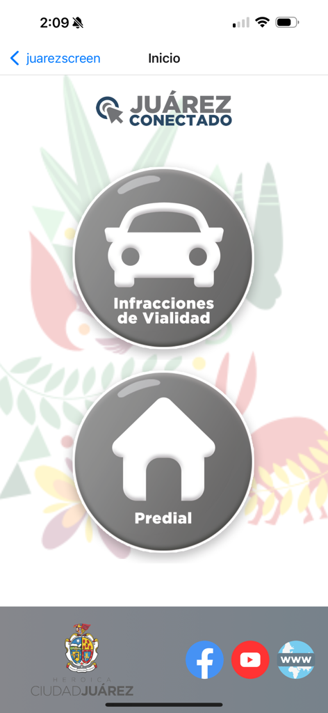 Juárez Conectado - Juarez Conectado mobile app home screen with options for traffic violations and property tax payments.