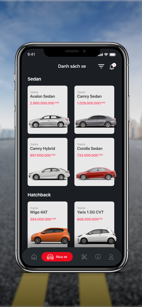 Toyota Vietnam mobile app interface showing a catalog of sedan and hatchback car models with prices