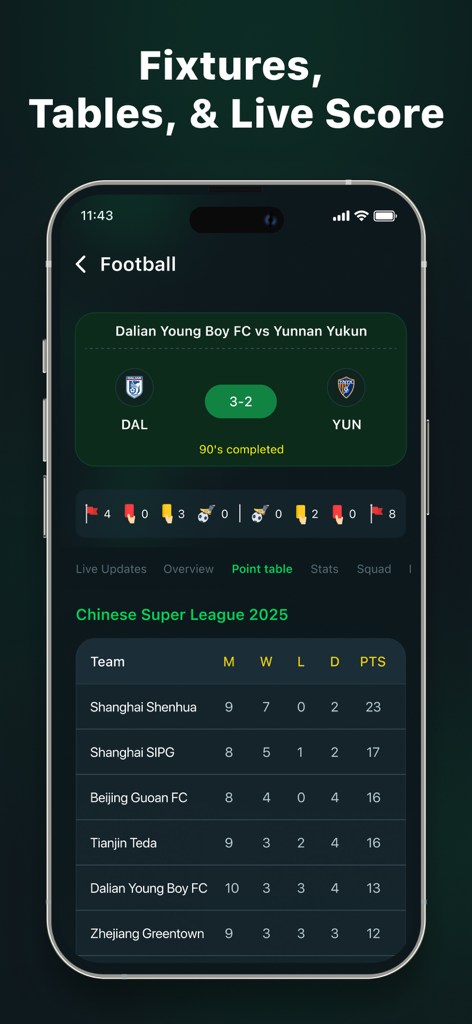 Live Football TV: Soccer Score - Interfaz de la aplicación Footly que muestra marcadores de fútbol en vivo y clasificaciones de la Superliga China