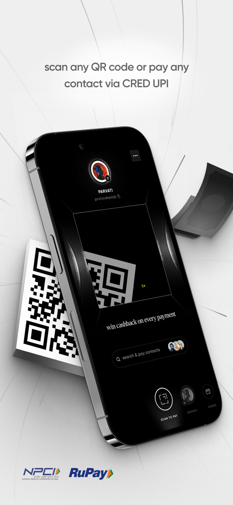 CRED: UPI, Bills, Credit Cards - A smartphone screen displaying the CRED app scanning a QR code for UPI payments