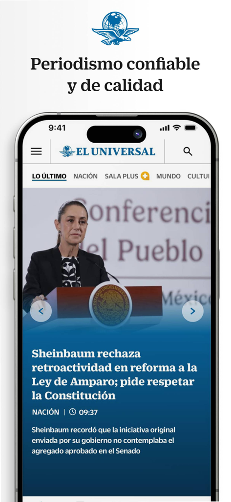 El Universal + - Interface of the El Universal plus app showing reliable news and journalism in Mexico