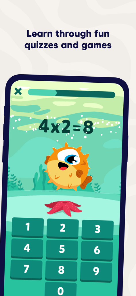 Squla - Fun learning - Squla app math quiz showing a multiplication game with a cartoon pufferfish