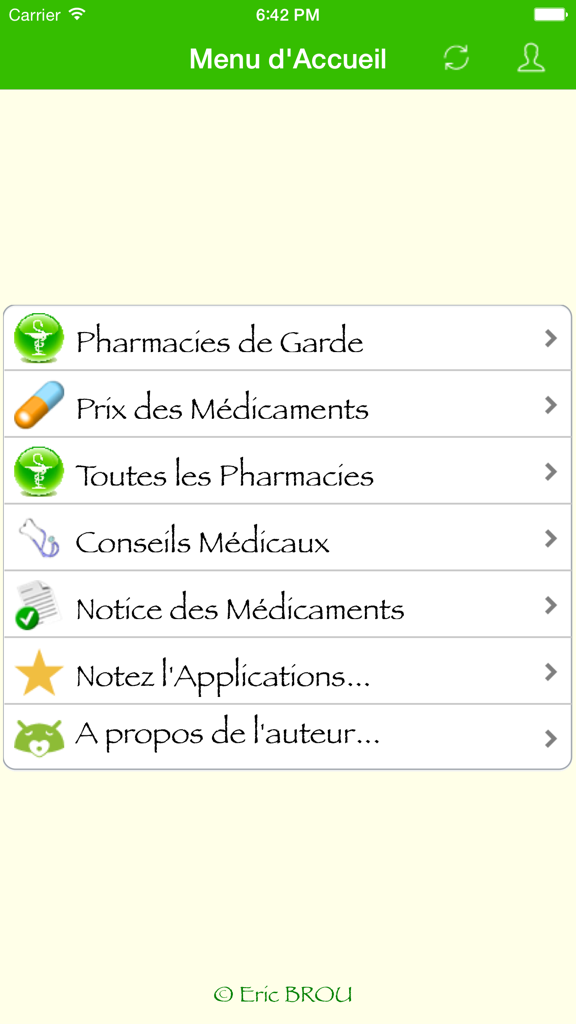 Pharmacie Garde Côte d'Ivoire - Home menu of the Pharmacie Garde Côte d'Ivoire app showing categories for on-call pharmacies and drug prices.