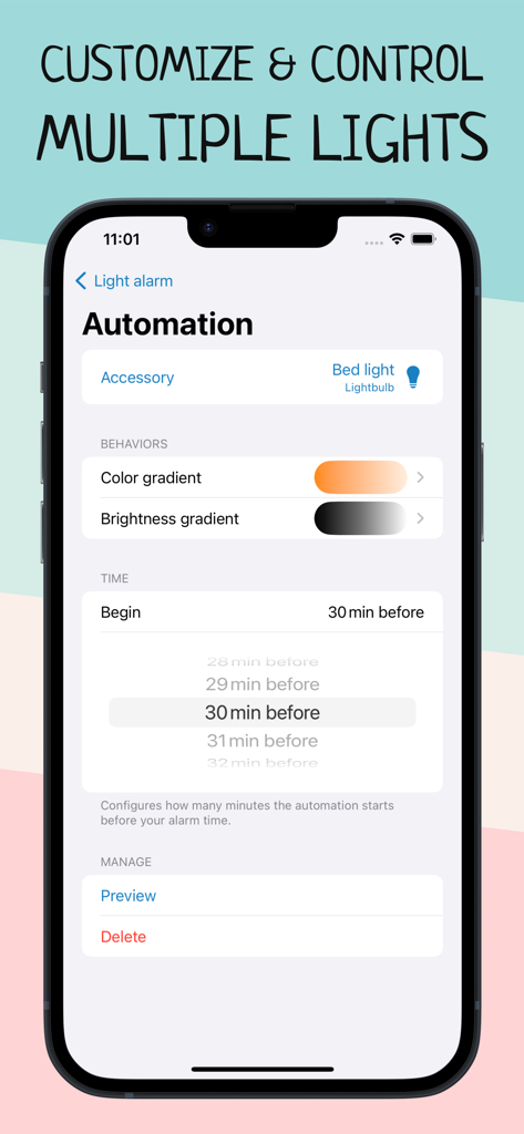 Wake Up Light – Sunrise Alarm - Écran d'automatisation des lumières intelligentes montrant les paramètres de dégradé de couleur et de luminosité pour une alarme de lever de soleil