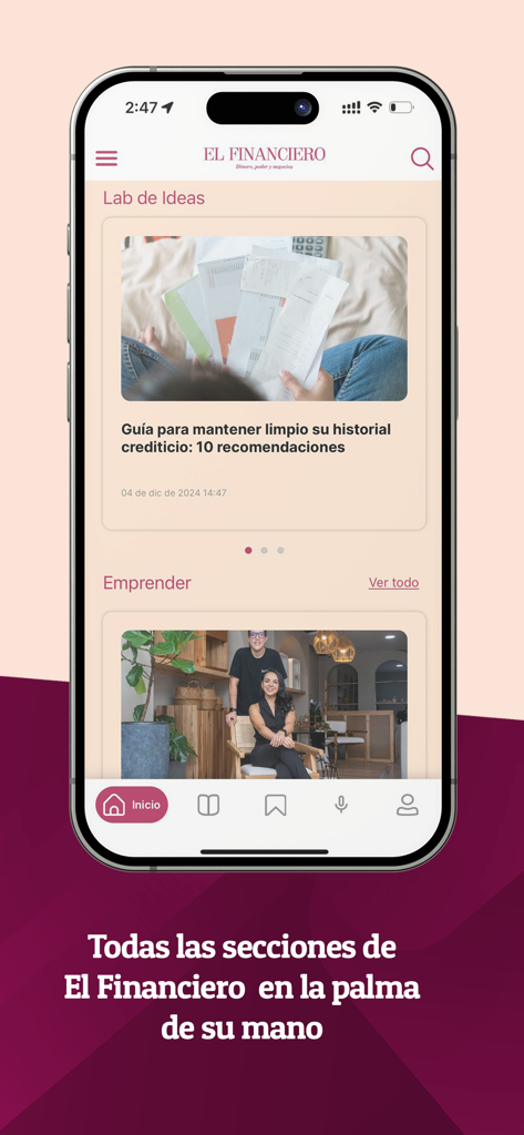 Mobile interface of El Financiero Costa Rica showing economic news and credit history guide.