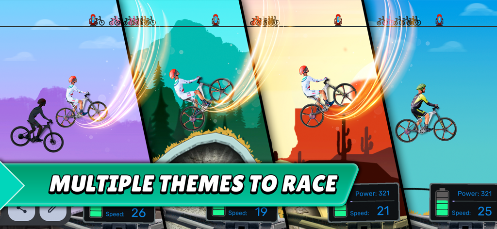 E-Bike Racing Tycoon Simulator - Four split panels showing different racing environments including forest desert and city tracks in E-Bike Racing Tycoon Simulator