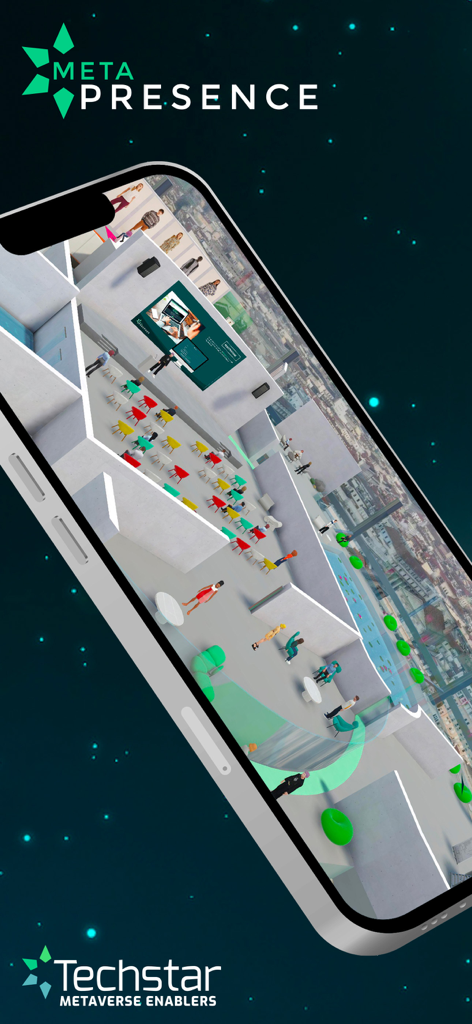 Meta Presence - Meta Presence business metaverse platform showing a virtual meeting room with avatars