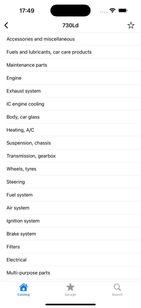 Car Parts - OEM catalogs - List of car part categories including engine brakes and transmission systems in the OEM catalog app