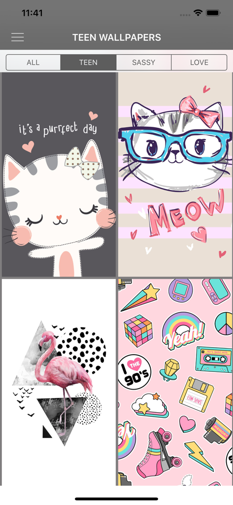 Interfaz de galería de la aplicación Teen Wallpapers que muestra diseños estéticos con gatos lindos y un flamenco rosa.