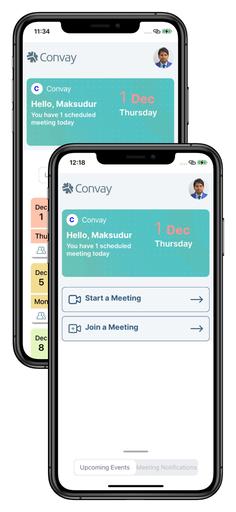 Convay mobile app dashboard on iPhone showing a scheduled meeting summary and options to start or join a meeting.