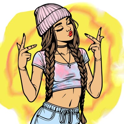 realistic teenage girl with braids and a beanie and crop top doing 🫶🏼
