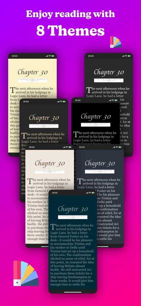 csBooks - ePub and PDF reader - Screenshot of csBooks app showing eight different stylish reading themes for epub and pdf books