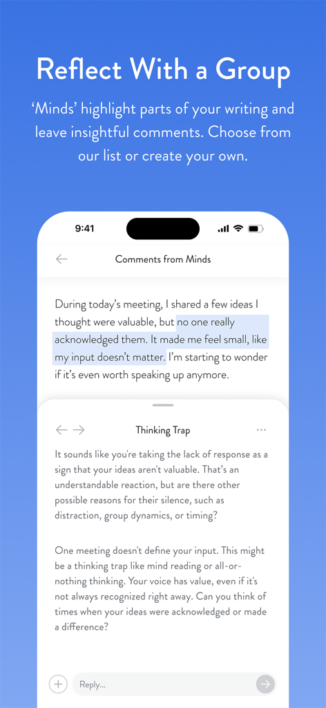 Mindsera: Daily AI Journaling - マインドセラアプリのスクリーンショット、思考の罠と呼ばれるAI内省が表示され、ユーザーのジャーナルエントリに関する認知フィードバックを提供