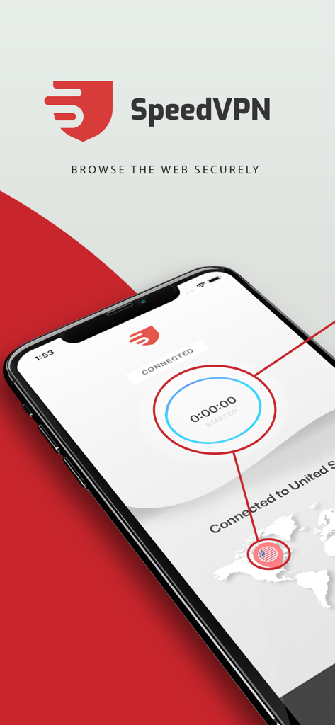 SpeedVPN-App auf einem iPhone, die eine sichere Verbindung zu einem Server in den Vereinigten Staaten für privates Surfen anzeigt