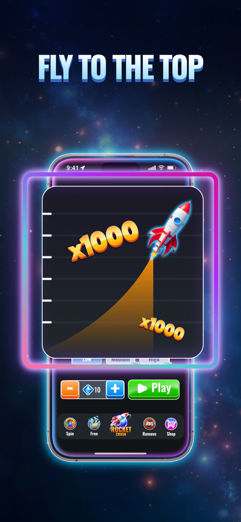 Crash Rocket - Crash Game - Crash Rocket game screenshot showing a rocket flying on a graph reaching a 1000x multiplier with the text fly to the top
