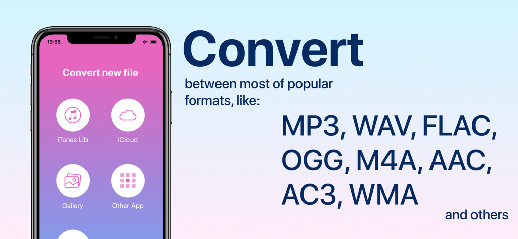 Audio Converter: convert mp3 - iPhone screen displaying the Audio Converter app interface with source options and a list of supported file formats like MP3 and WAV.