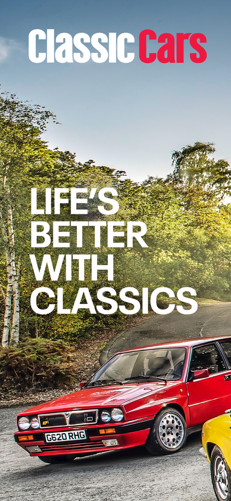 Classic Cars: Driving history - Red vintage Lancia Delta car on a road with the slogan Lifes Better With Classics