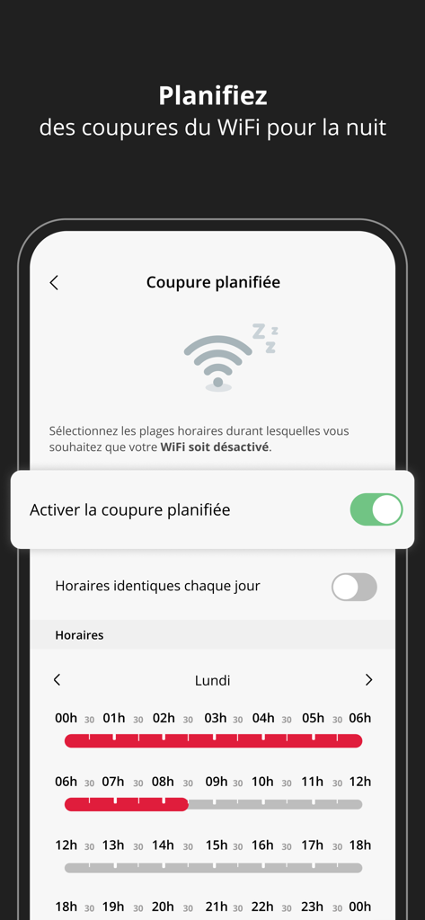 Freebox Connect - Freebox Connectアプリのインターフェース。夜間のWiFiシャットダウンをスケジュールするための画面。