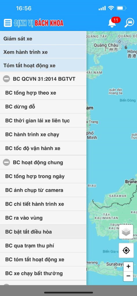 Định Vị Bách Khoa - Interface of the Dinh Vi Bach Khoa app showing a side menu with vehicle monitoring and tracking options over a map background