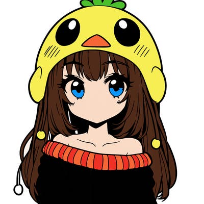 anime girl with chick shaped hat with sweater with bare shoulders with bangs covering them one eye with low tail