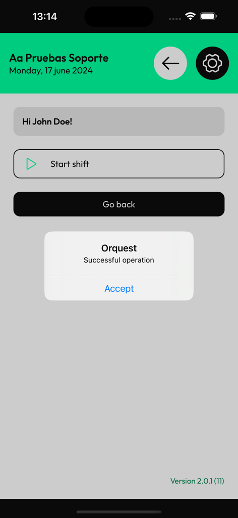 Orquest InStore - Orquest InStore mobile app interface showing a successful operation confirmation after starting a shift