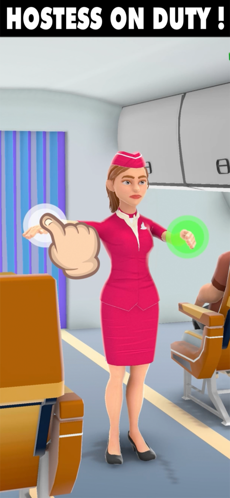 Hyper Hostess - A 3D flight attendant character in a pink uniform inside an airplane cabin with a hand icon indicating interactive gameplay