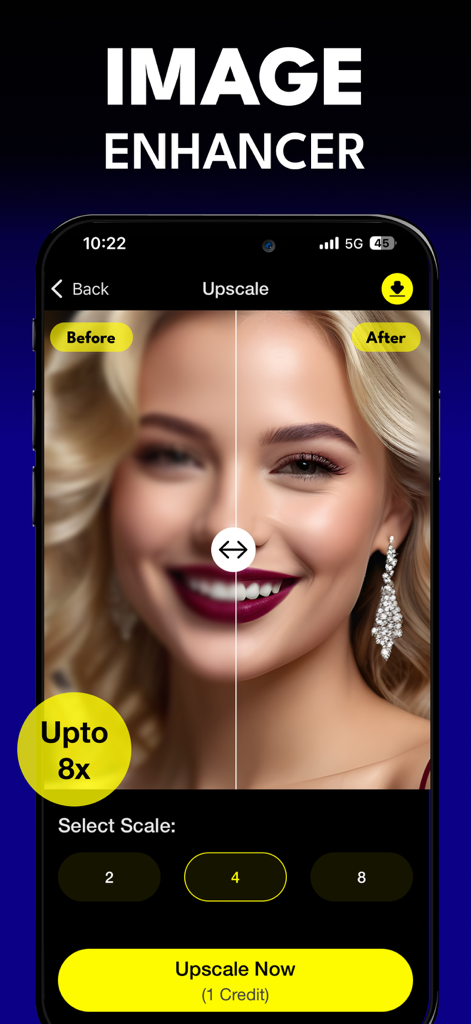 Comparação de antes e depois de um retrato aprimorado por IA ampliado em até 8x no aplicativo