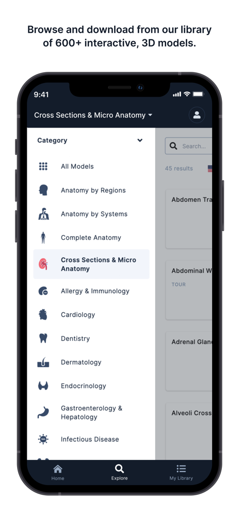 Interface of the BioDigital app showing a menu with various 3D human anatomy categories and medical specialties