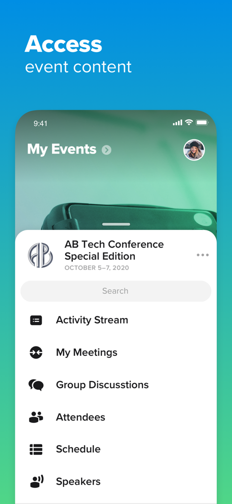 PINE Events - Interface of the PINE Events mobile app showing a conference menu with options for activity stream meetings attendees and event schedule