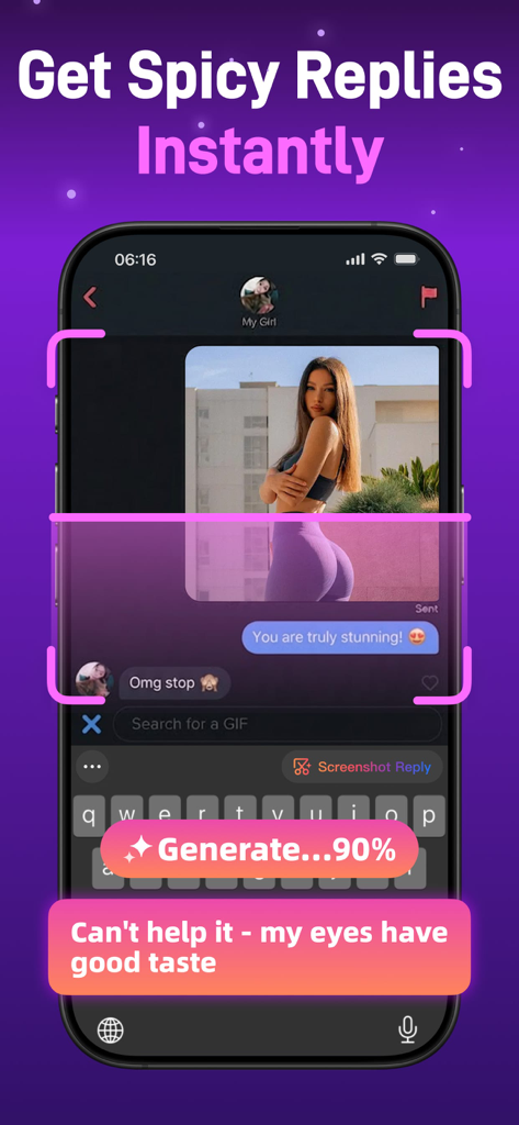 Chatterly AI keyboard interface generating a flirtatious response for a chat